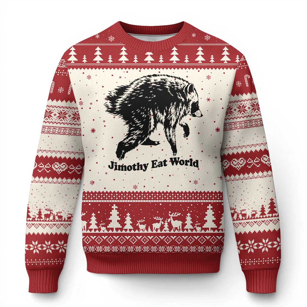 Jimothy Eat World Funny Viral Raccoon Seattle Trash Panda Ugly Christmas Sweater TS10 Beige Red Print Your Wear