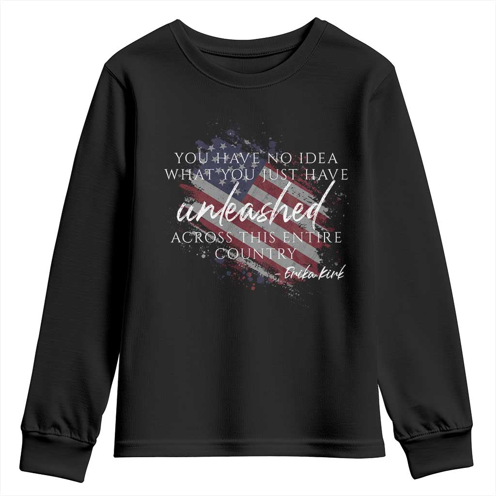 Charlie Kirk Memorial Youth Sweatshirt Erika Kirk Quote Patriotism Faith Gods Merciful Love TS10 Black Print Your Wear