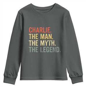 Retro Charlie The Man The Myth The Legend Youth Sweatshirt TS10 Dark Heather Print Your Wear