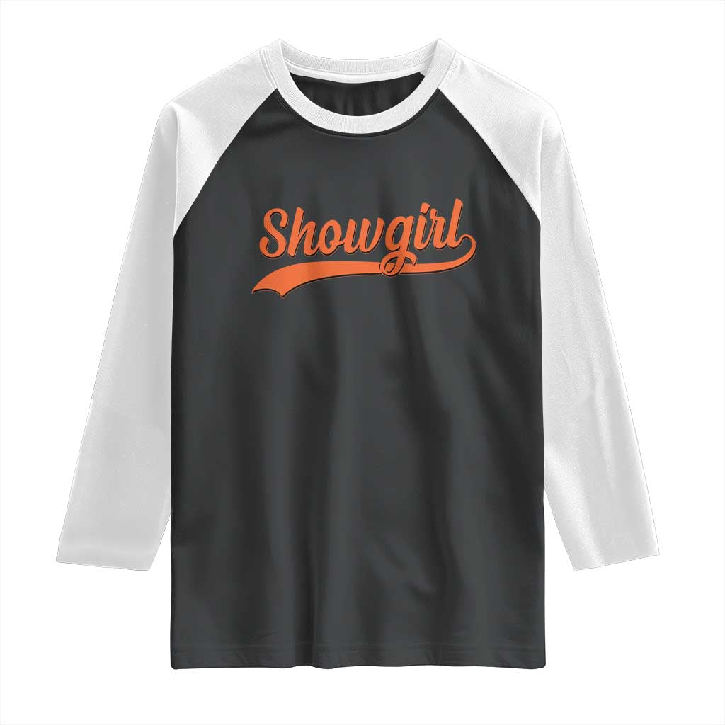 Showgirl Raglan Shirt Varsity Script Vintage Sports Jersey Style TS10 Black White Print Your Wear