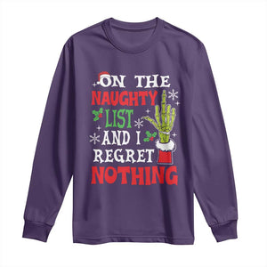 Funny Christmas Long Sleeve Shirt On The List Of Naughty And I Regret Nothing Xmas TS10 Purple Print Your Wear