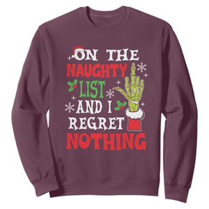 Funny Christmas Sweatshirt On The List Of Naughty And I Regret Nothing Xmas TS10 Maroon Print Your Wear