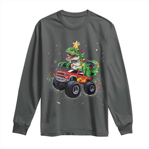 Christmas Dinosaur Monster Truck Long Sleeve Shirt TS10 Dark Heather Print Your Wear