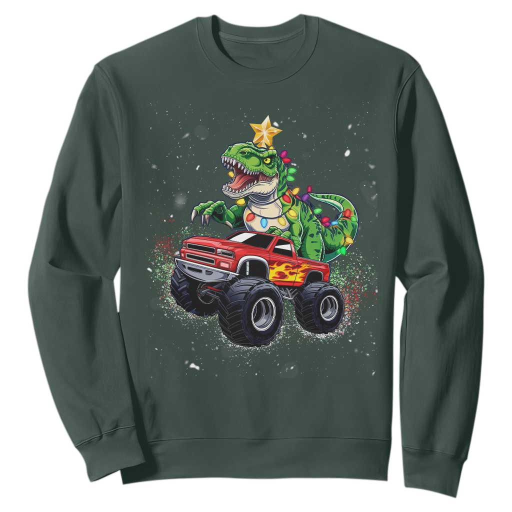 Christmas Dinosaur Monster Truck Sweatshirt TS10 Dark Forest Green Print Your Wear