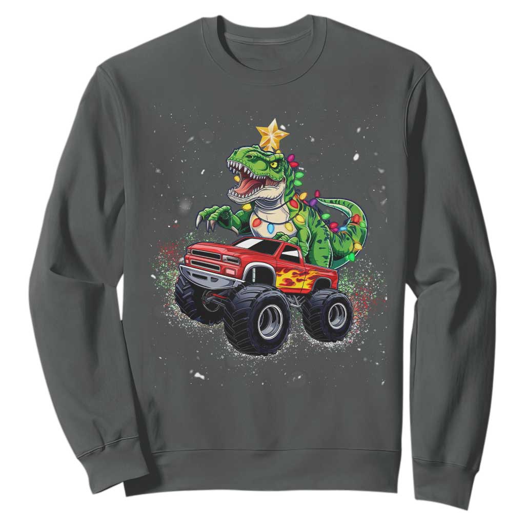 Christmas Dinosaur Monster Truck Sweatshirt TS10 Dark Heather Print Your Wear