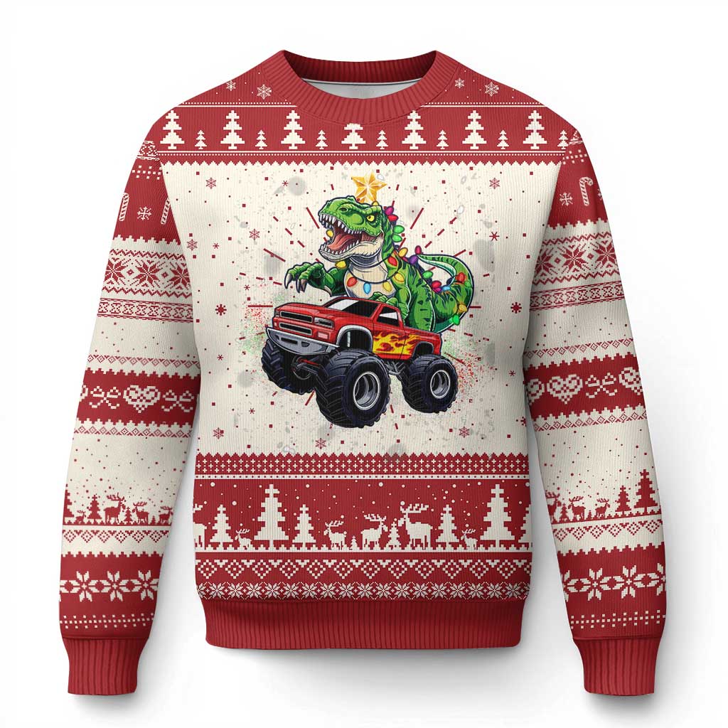 Dinosaur Monster Truck Ugly Christmas Sweater TS10 Red Print Your Wear