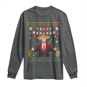 Mexico Christmas Trump Long Sleeve Shirt Feliz Navidad Xmas Funny Trump Santa Ugly Christmas TS10 Dark Heather Print Your Wear