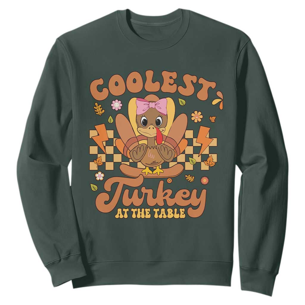 Thanksgiving Kids Sweatshirt Coolest Turkey At The Table Girls Toddler Youth TS10 Dark Forest Green Print Your Wear