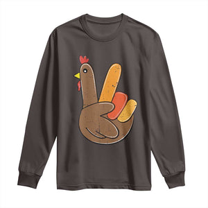 Thanksgiving Long Sleeve Shirt Peace Sign Turkey Hand Cool Thanksgiving Hippie TS10 Dark Chocolate Print Your Wear