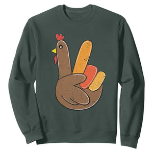 Thanksgiving Sweatshirt Peace Sign Turkey Hand Cool Thanksgiving Hippie TS10 Dark Forest Green Print Your Wear