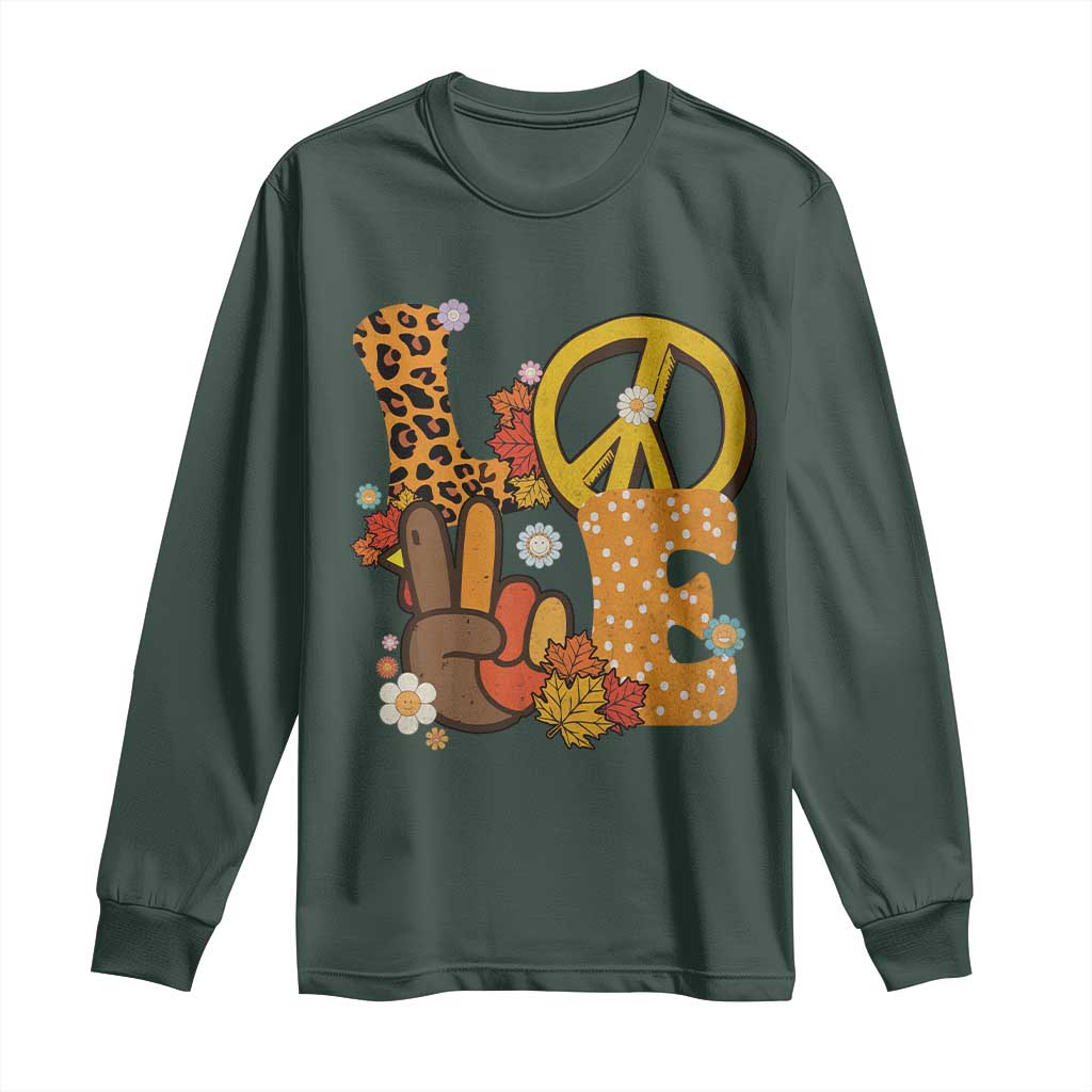 Thanksgiving Long Sleeve Shirt Peace Sign Love Turkey Hand TS10 Dark Forest Green Print Your Wear