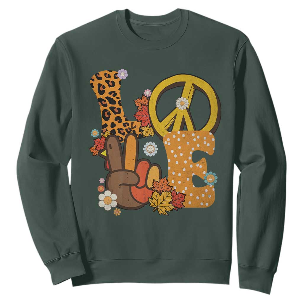 Thanksgiving Sweatshirt Peace Sign Love Turkey Hand TS10 Dark Forest Green Print Your Wear