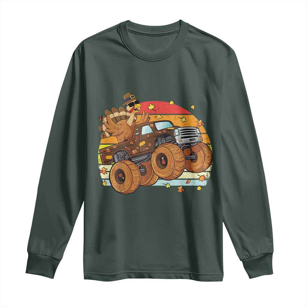 Thanksgiving Turkey Riding Monster Truck Long Sleeve Shirt Retro Fall Boy Tee Kids Autumn TS10 Dark Forest Green Print Your Wear