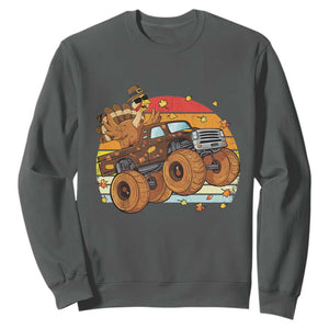 Thanksgiving Turkey Riding Monster Truck Sweatshirt Retro Fall Boy Tee Kids Autumn TS10 Dark Heather Print Your Wear