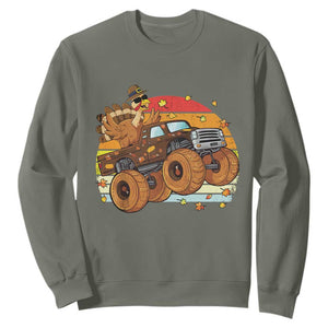 Thanksgiving Turkey Riding Monster Truck Sweatshirt Retro Fall Boy Tee Kids Autumn TS10 Military Green Print Your Wear