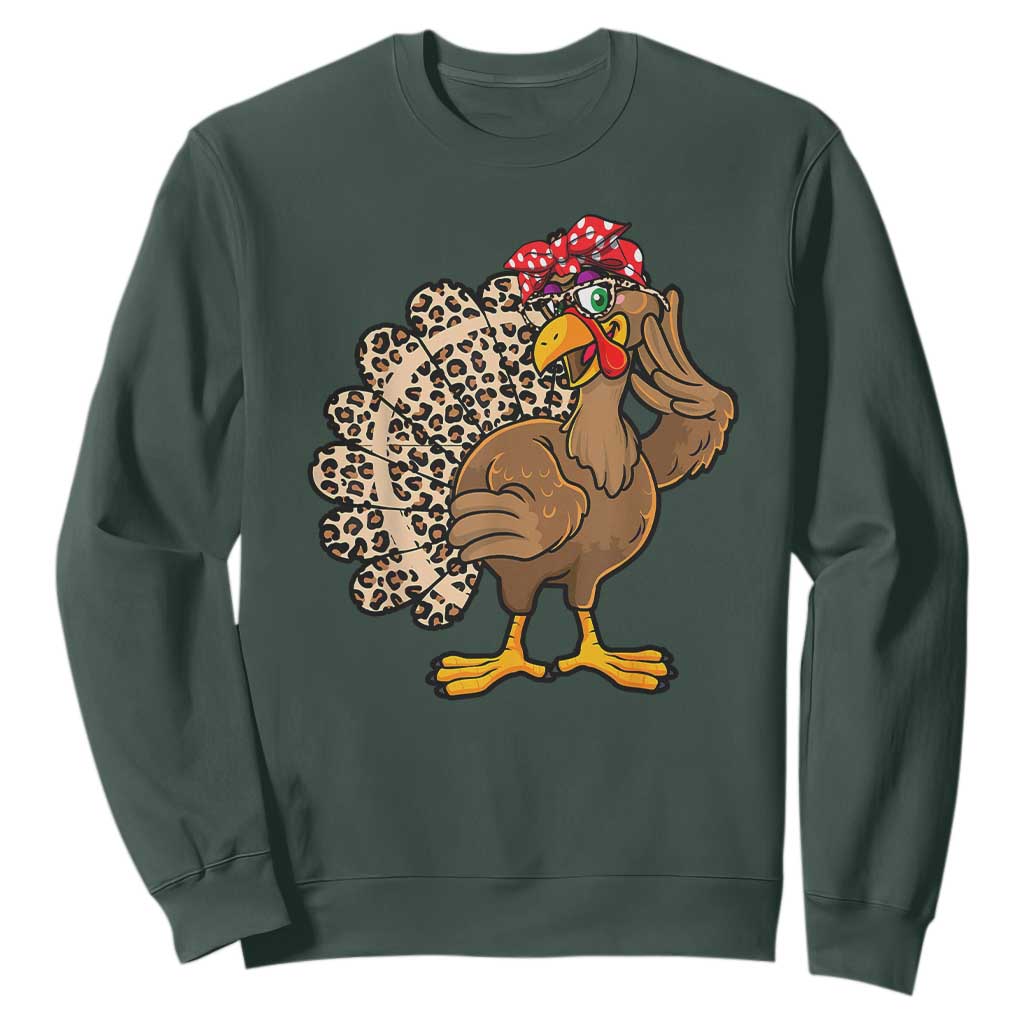 Funny Thanksgiving Sweatshirt Turkey Women Girl Leopard Print Autumn Fall TS10 Dark Forest Green Print Your Wear