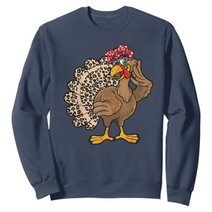 Funny Thanksgiving Sweatshirt Turkey Women Girl Leopard Print Autumn Fall TS10 Navy Print Your Wear