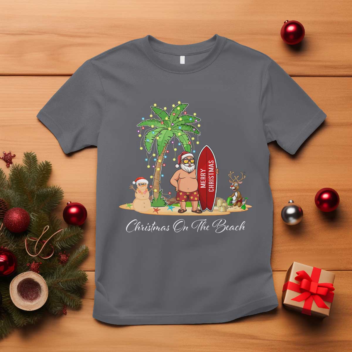 Hawaii Christmas T Shirt Christmas On The Beach Holiday Xmas Palm Tree TS10 Charcoal Print Your Wear