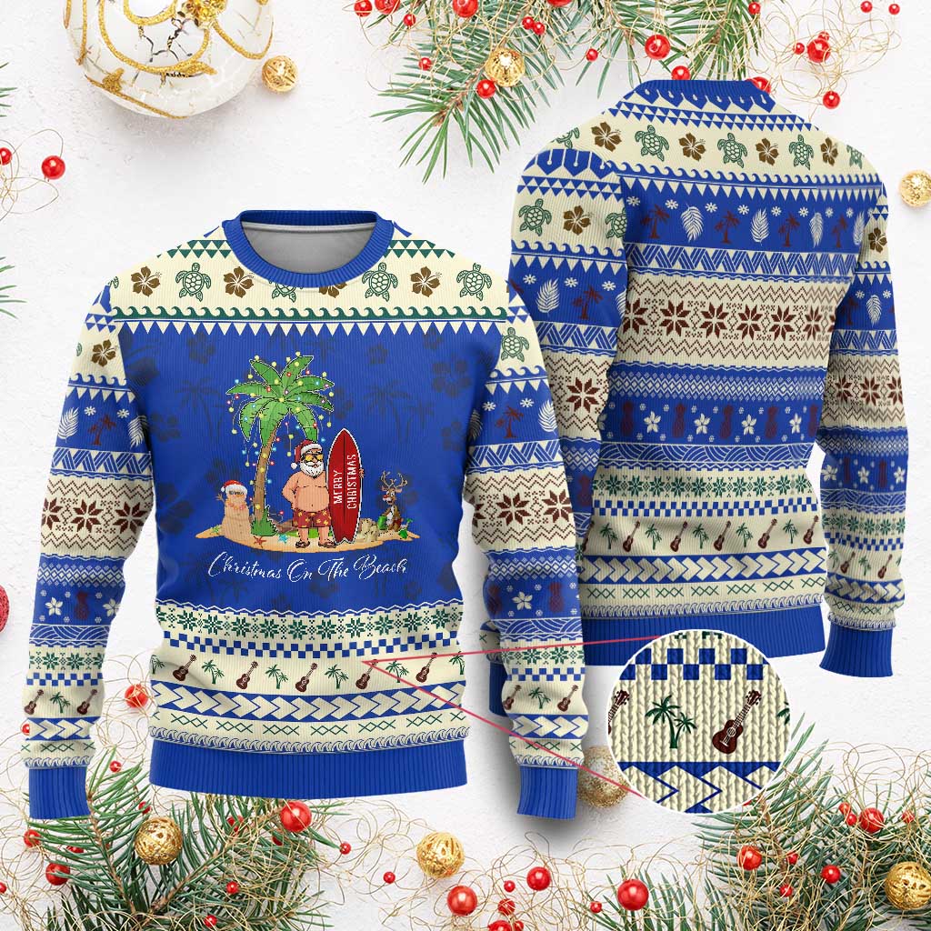 Hawaii Ugly Christmas Sweater Christmas On The Beach Holiday Xmas Palm Tree TS10 Blue Print Your Wear