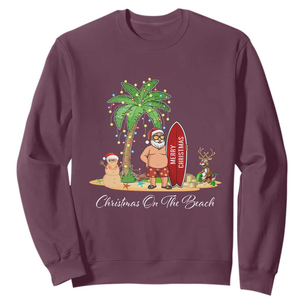 Hawaii Christmas Sweatshirt Christmas On The Beach Holiday Xmas Palm Tree TS10 Maroon Print Your Wear