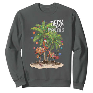 Mele Kalikimaka Hawaiian Christmas Sweatshirt Deck The Palms Holiday Flamingo Beach Family Vacation In Hawaii TS10 Dark Heather Print Your Wear