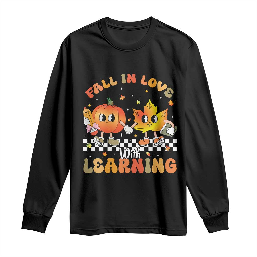 Autumn Teacher Long Sleeve Shirt Retro Fall In Love With Learning Thanksgiving Pumpkin TS10 Black Print Your Wear