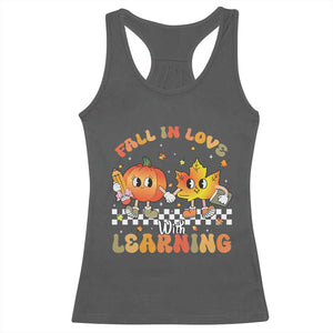 Autumn Teacher Racerback Tank Top Retro Fall In Love With Learning Thanksgiving Pumpkin TS10 Dark Heather Print Your Wear