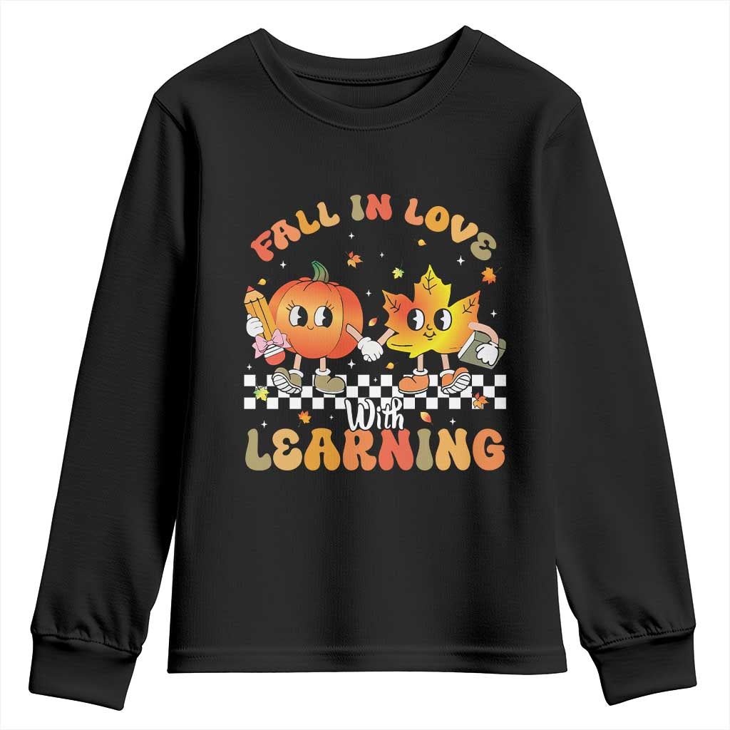Autumn Teacher Youth Sweatshirt Retro Fall In Love With Learning Thanksgiving Pumpkin TS10 Black Print Your Wear