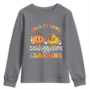 Autumn Teacher Youth Sweatshirt Retro Fall In Love With Learning Thanksgiving Pumpkin TS10 Charcoal Print Your Wear