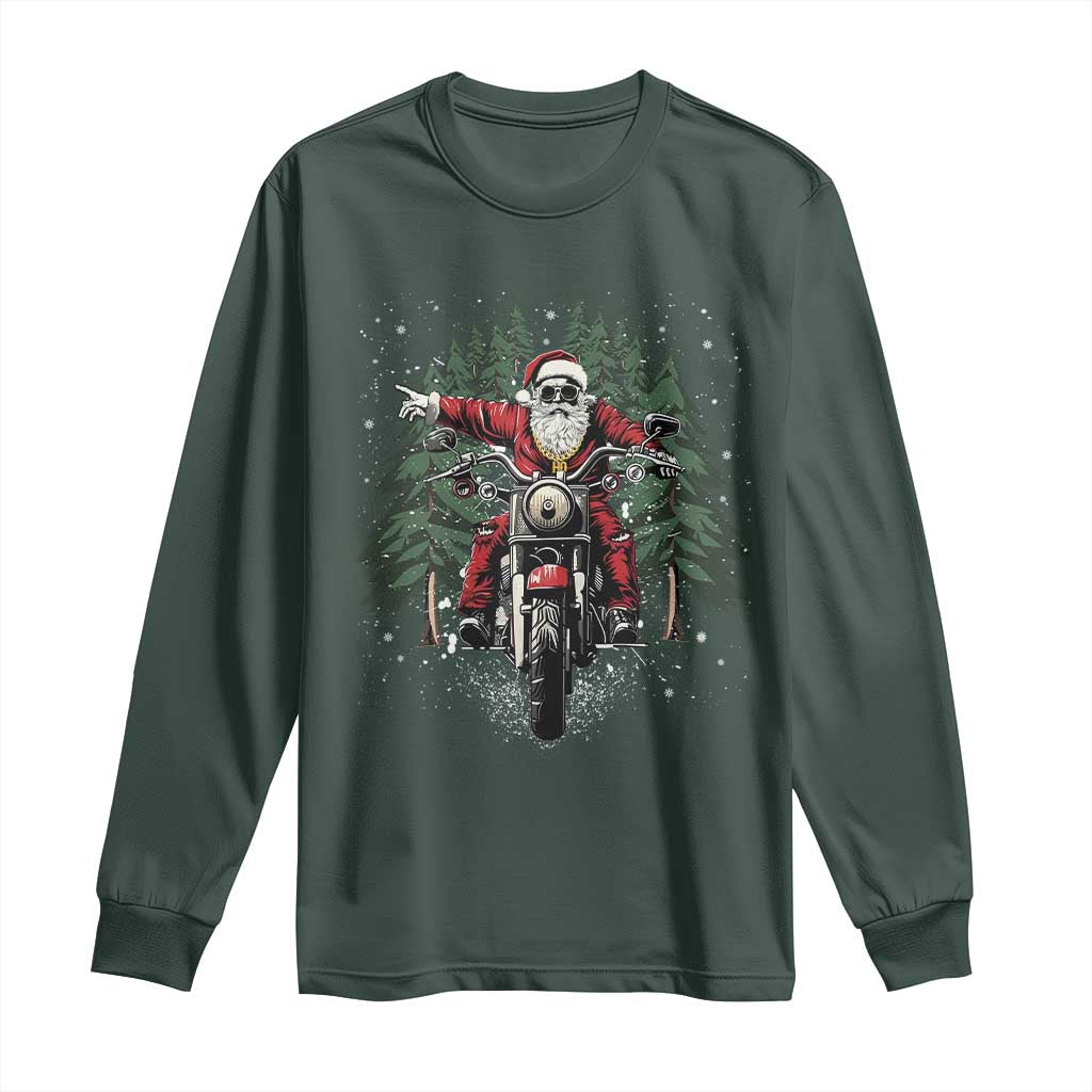 Christmas Motorcycle Long Sleeve Shirt Santa Biker Riding Motorcycle TS10 Dark Forest Green Print Your Wear