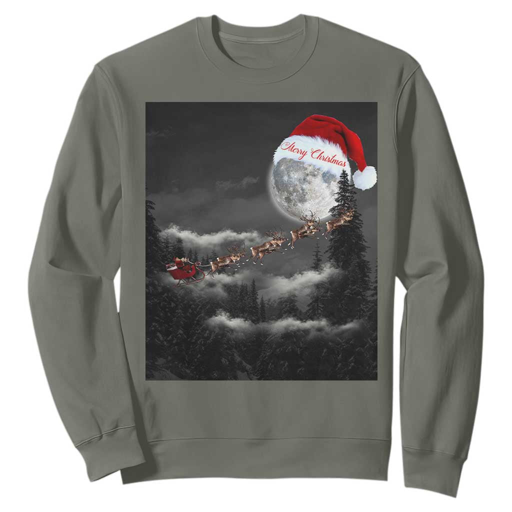 Merry Christmas Sweatshirt Santa To The Moon TS10 Military Green Print Your Wear