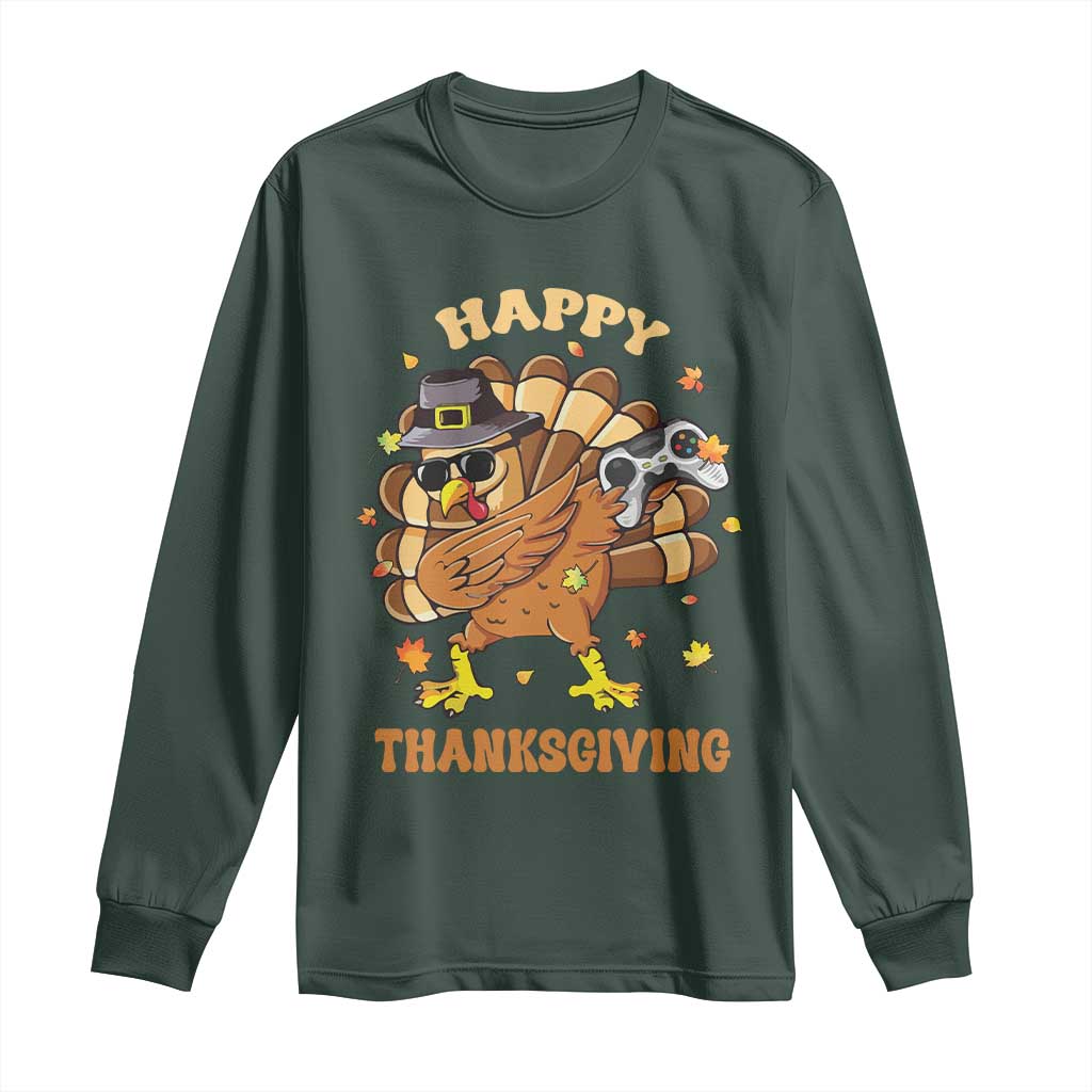 Funny Thanksgiving Long Sleeve Shirt Dabbing Gamer Turkey TS10 Dark Forest Green Print Your Wear