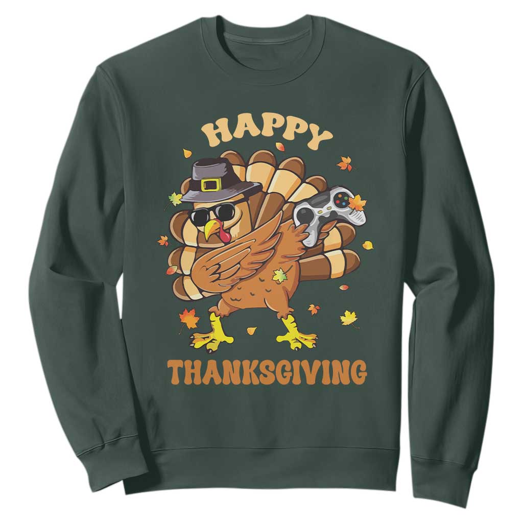 Funny Thanksgiving Sweatshirt Dabbing Gamer Turkey TS10 Dark Forest Green Print Your Wear