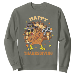 Funny Thanksgiving Sweatshirt Dabbing Gamer Turkey TS10 Military Green Print Your Wear