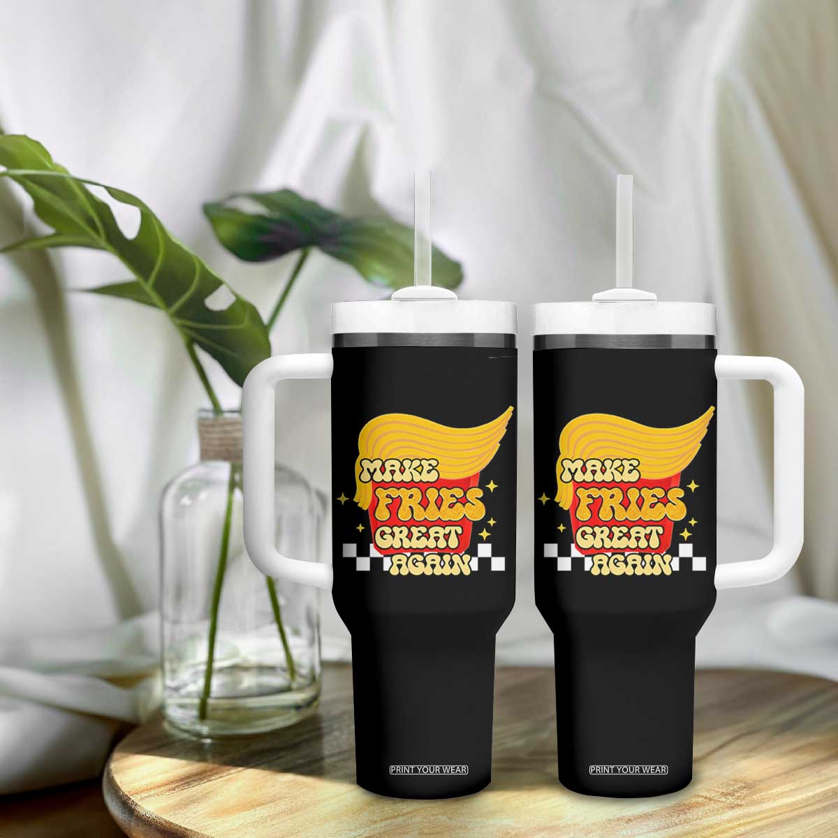 Funny Fries Tumbler With Handle Make Fries Great Again Checkered TS10 Print Your Wear