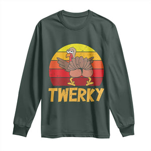 Funny Thanksgiving Long Sleeve Shirt Vintage Twerky Turkey Butt Twerk Dance Pun Gift TS10 Dark Forest Green Print Your Wear