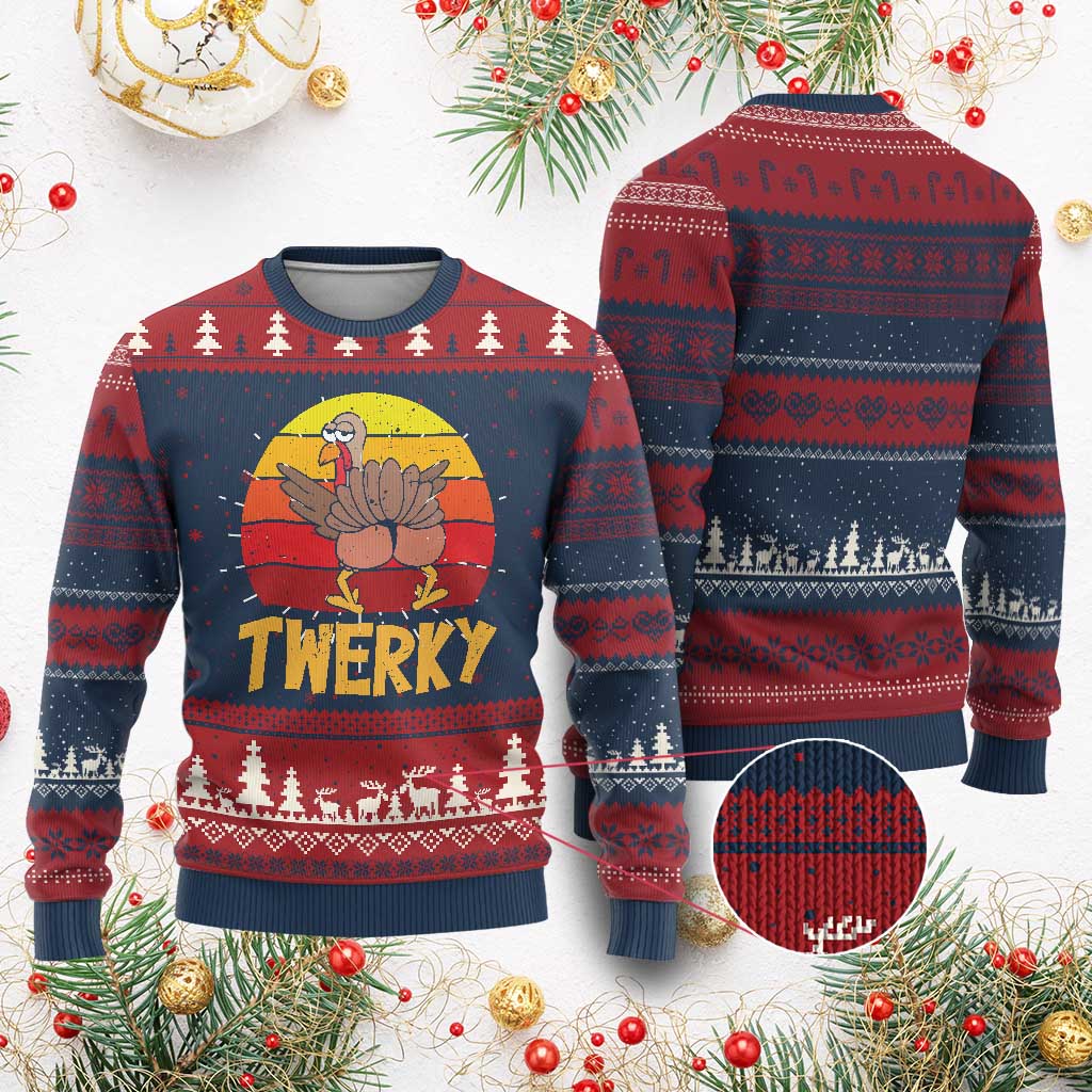 Funny Thanksgiving Knit Sweatshirt Vintage Twerky Turkey Butt Twerk Dance Pun Gift TS10 Burgundy Print Your Wear