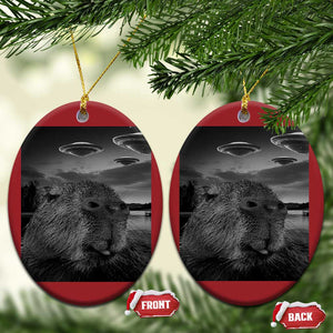 Funny Graphic Capybara Selfie with UFOs Weird Christmas Ornament TS10 Oval Red Print Your Wear