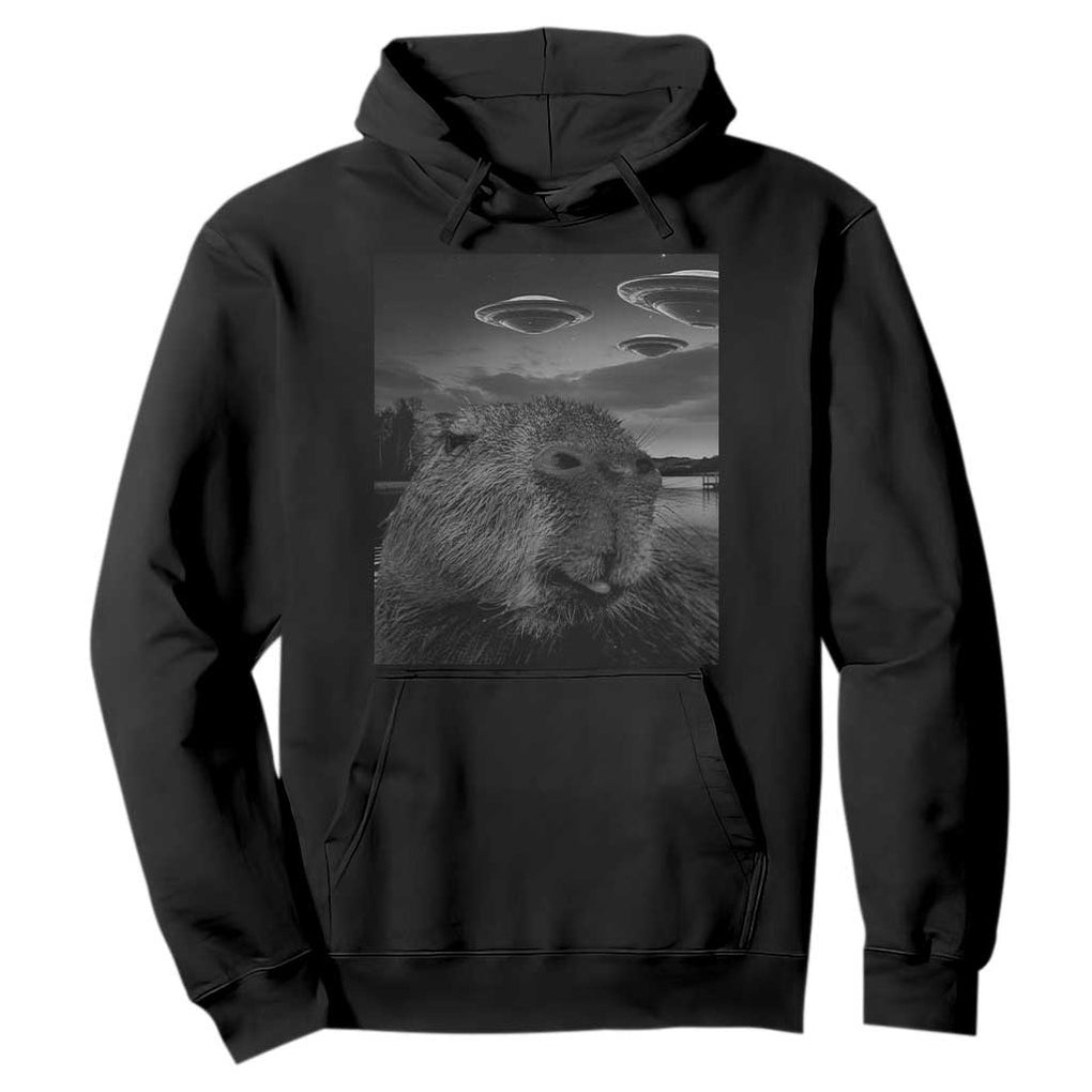 Funny Graphic Capybara Selfie with UFOs Weird Hoodie TS10 Black Print Your Wear