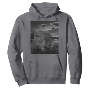 Funny Graphic Capybara Selfie with UFOs Weird Hoodie TS10 Charcoal Print Your Wear