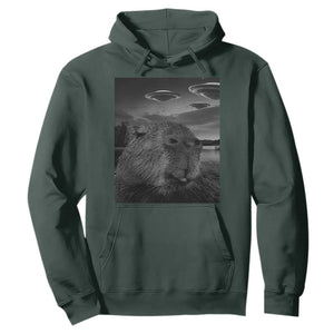 Funny Graphic Capybara Selfie with UFOs Weird Hoodie TS10 Dark Forest Green Print Your Wear