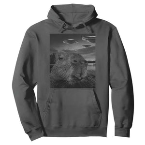 Funny Graphic Capybara Selfie with UFOs Weird Hoodie TS10 Dark Heather Print Your Wear