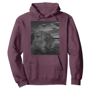 Funny Graphic Capybara Selfie with UFOs Weird Hoodie TS10 Maroon Print Your Wear