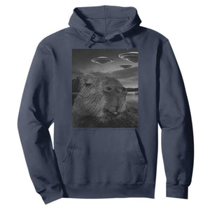 Funny Graphic Capybara Selfie with UFOs Weird Hoodie TS10 Navy Print Your Wear