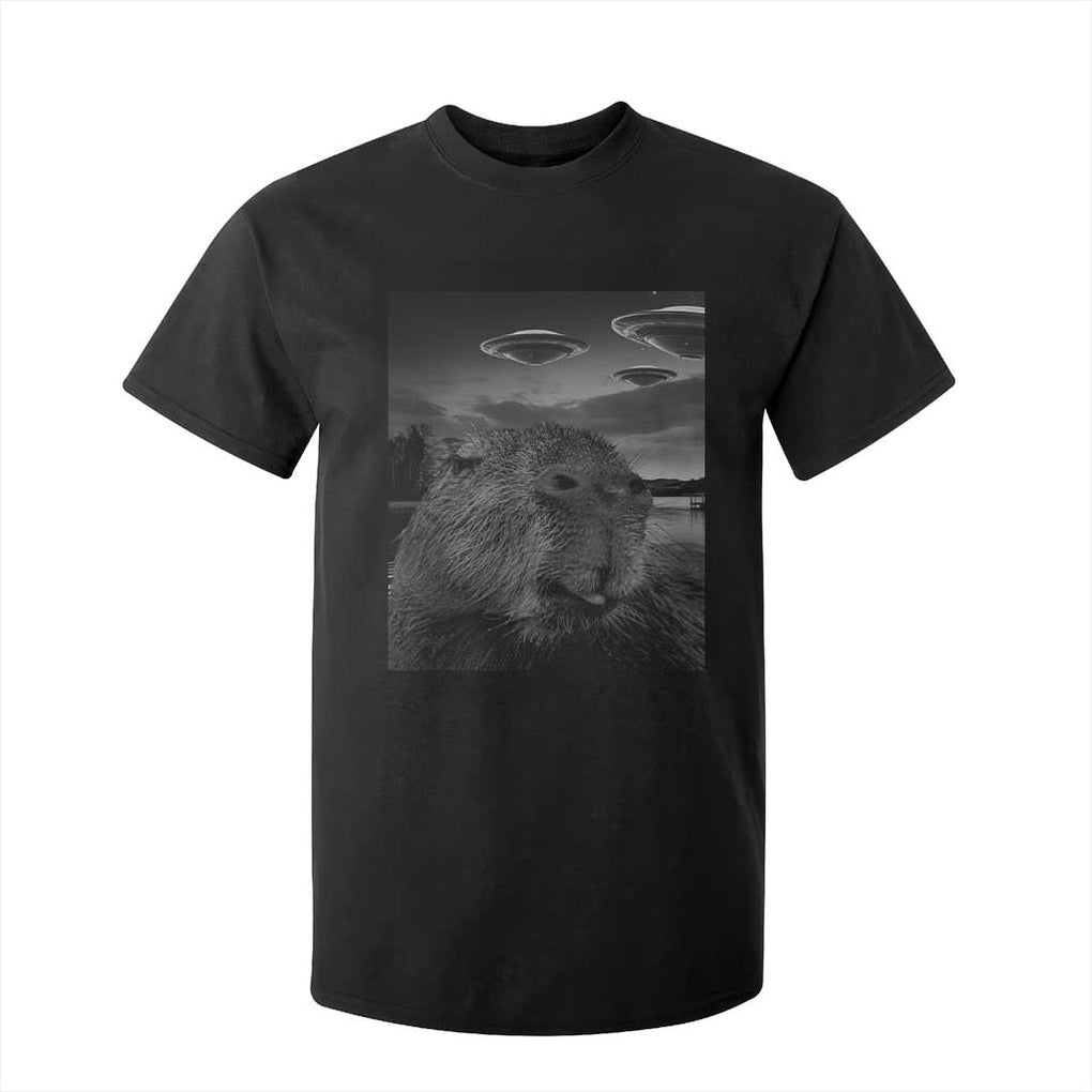 Funny Graphic Capybara Selfie with UFOs Weird T Shirt For Kid TS10 Black Print Your Wear