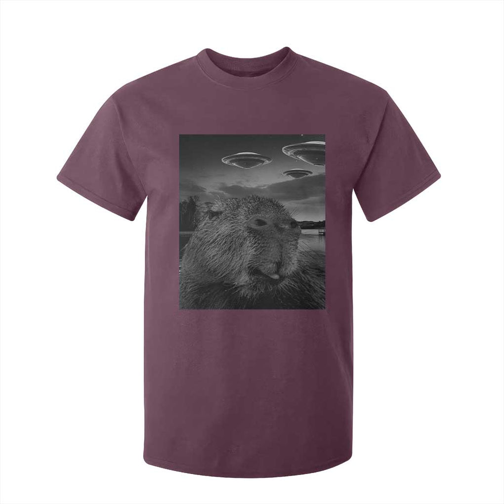 Funny Graphic Capybara Selfie with UFOs Weird T Shirt For Kid TS10 Maroon Print Your Wear