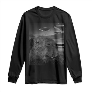 Funny Graphic Capybara Selfie with UFOs Weird Long Sleeve Shirt TS10 Black Print Your Wear