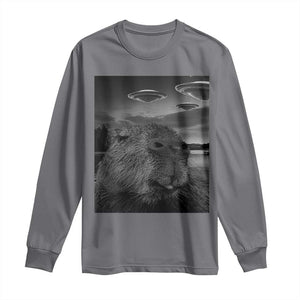 Funny Graphic Capybara Selfie with UFOs Weird Long Sleeve Shirt TS10 Charcoal Print Your Wear