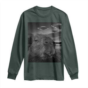 Funny Graphic Capybara Selfie with UFOs Weird Long Sleeve Shirt TS10 Dark Forest Green Print Your Wear