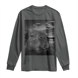 Funny Graphic Capybara Selfie with UFOs Weird Long Sleeve Shirt TS10 Dark Heather Print Your Wear